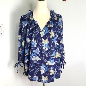 Blousology Navy Blue, Blue & White Floral Top, Elastic Waistband, Size 1X